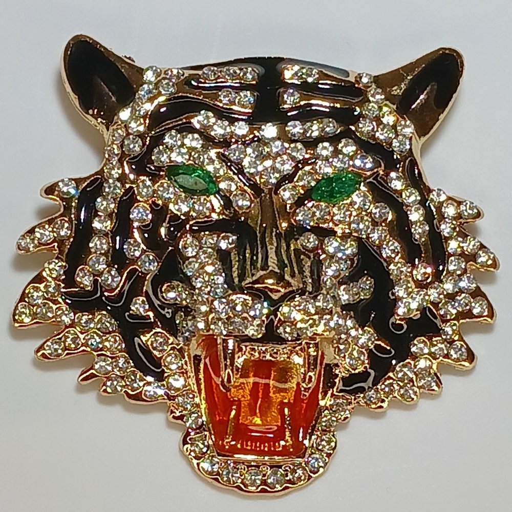 Bling Rhinestone Tiger Brooch Pin Green Eyes - Picture 2 of 4
